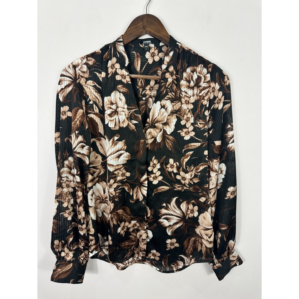 Express Portofino Floral Blouse Black Brown Sheer Career Chic Boho Size Small
